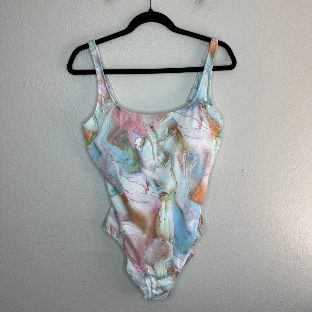 Johnny Was Calme Multi Rainbow Marble‎ Print One-Piece Abstract Swimsuit XL NWOT